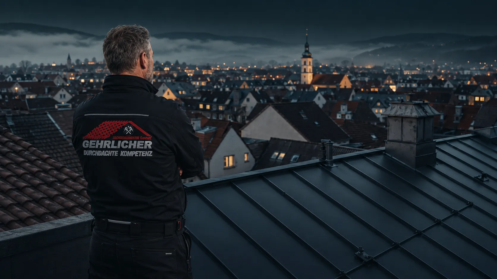 Dachdeckermeister von Gehrlicher blickt zur blauen Stunde über die Dächer von Coburg